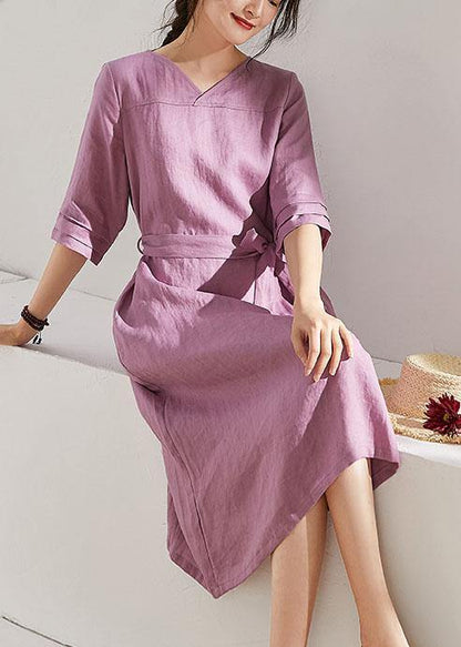 DIY pink purple linen dresses v neck tie waist shift summer Dresses - SooLinen