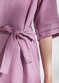 DIY pink purple linen dresses v neck tie waist shift summer Dresses - SooLinen