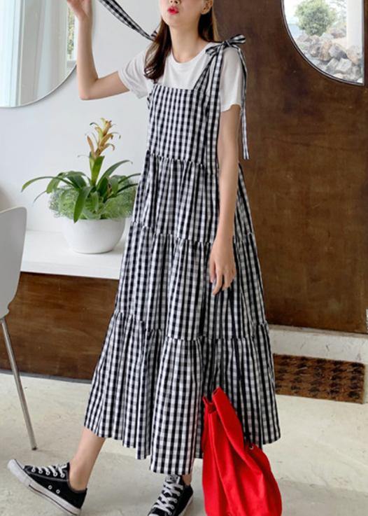 DIY plaid cotton linen Robes patchwork pockets loose Dress - SooLinen