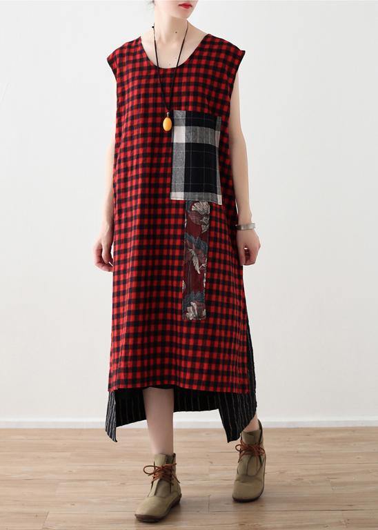 DIY plaid patchwork linen cotton Wardrobes Vintage Work Outfits sleeveless A Line summer Dress - SooLinen