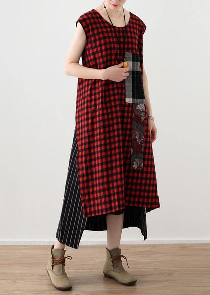 DIY plaid patchwork linen cotton Wardrobes Vintage Work Outfits sleeveless A Line summer Dress - SooLinen