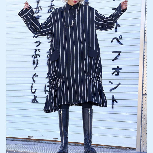 DIY Taschen Baumwollkleidung für Frauen Taillierte Hemden schwarz gestreifte Alltagskleider