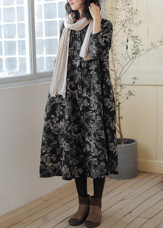 DIY print linen cotton outfit stand collar Cinched cotton fall Dress - SooLinen