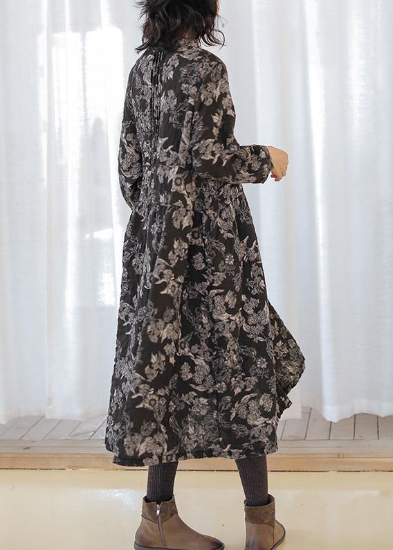 DIY print linen cotton outfit stand collar Cinched cotton fall Dress - SooLinen