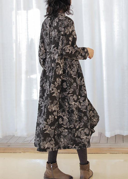 DIY print linen cotton outfit stand collar Cinched cotton fall Dress - SooLinen
