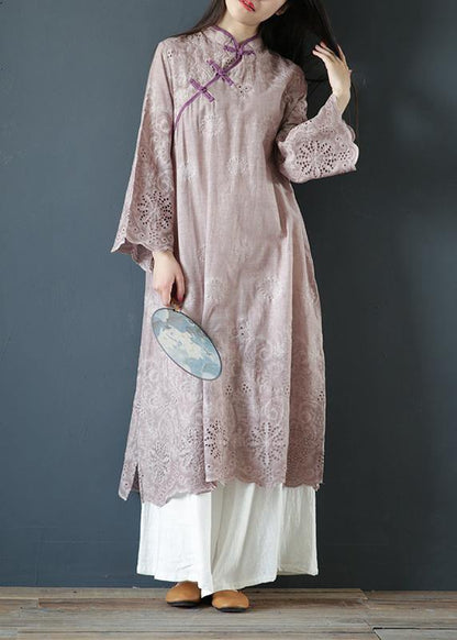 DIY purple cotton clothes For Women stand collar Butterfly Sleeve Traveling summer Dresses - SooLinen