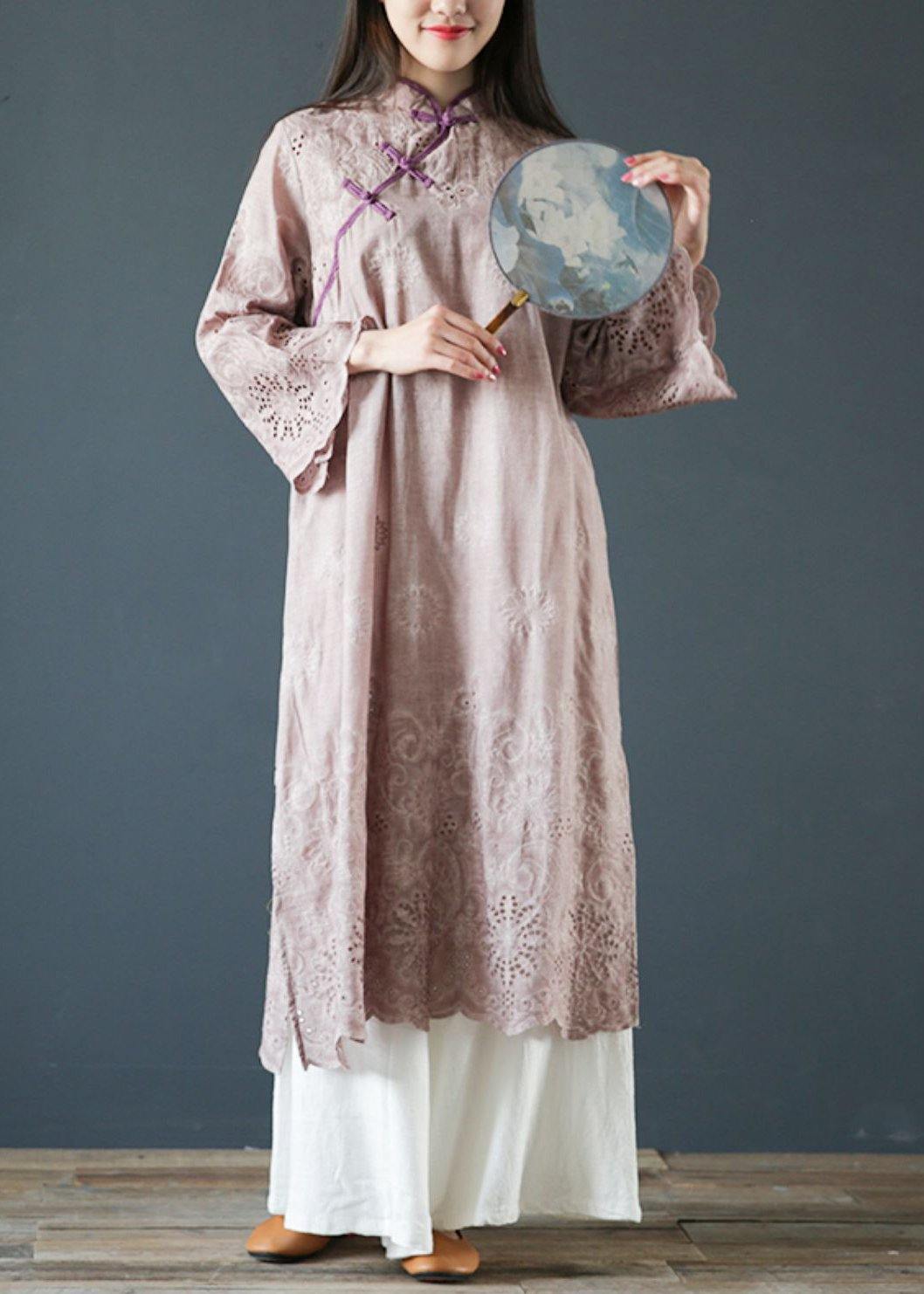 DIY purple cotton clothes For Women stand collar Butterfly Sleeve Traveling summer Dresses - SooLinen