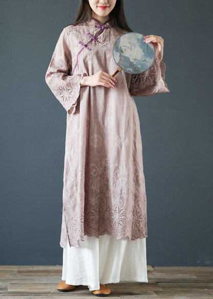 DIY purple cotton clothes For Women stand collar Butterfly Sleeve Traveling summer Dresses - SooLinen