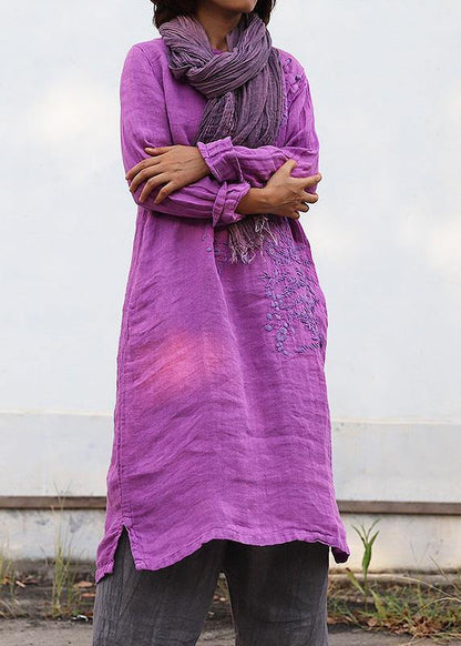 DIY purple linen Robes embroidery linen robes o neck Dresses - SooLinen