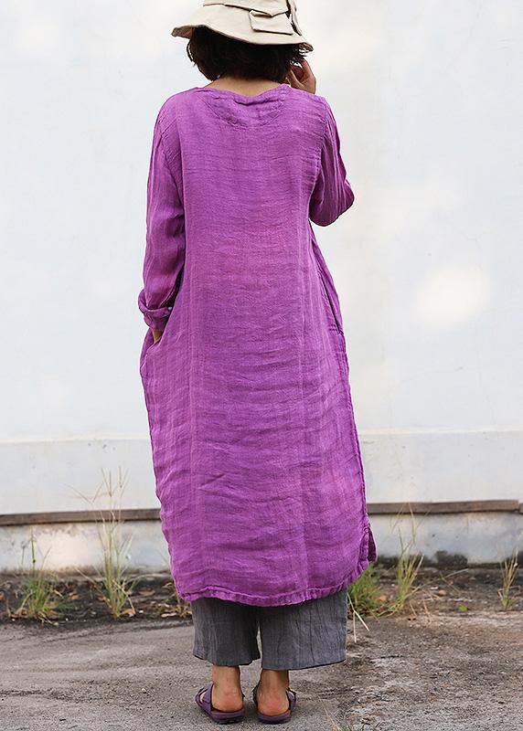DIY purple linen Robes embroidery linen robes o neck Dresses - SooLinen