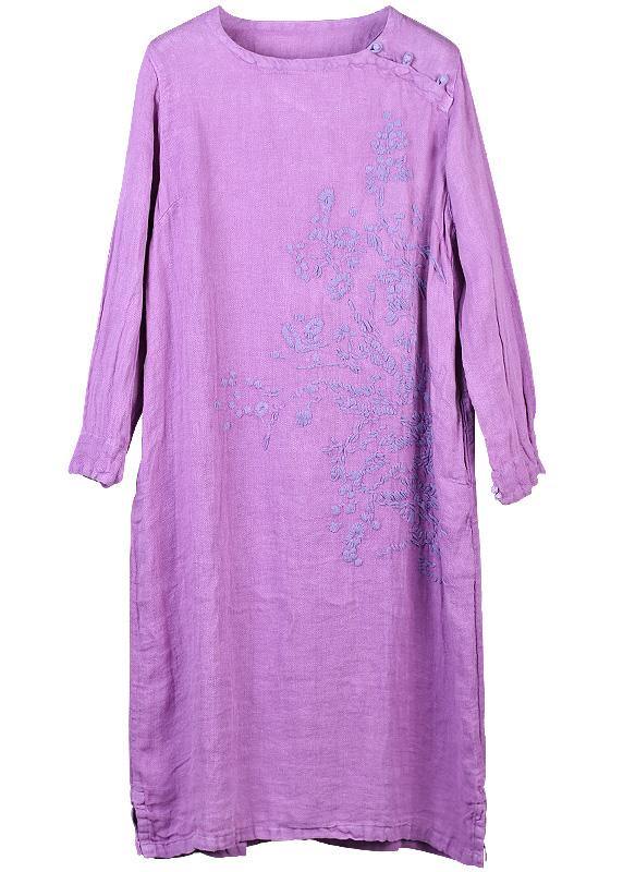 DIY purple linen Robes embroidery linen robes o neck Dresses - SooLinen