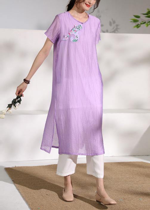 DIY purple linen clothes For Women o neck cotton side open Dress - SooLinen