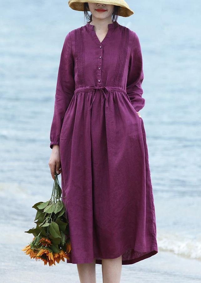DIY purple linen dresses long sleeve Dresses v neck Dresses - SooLinen