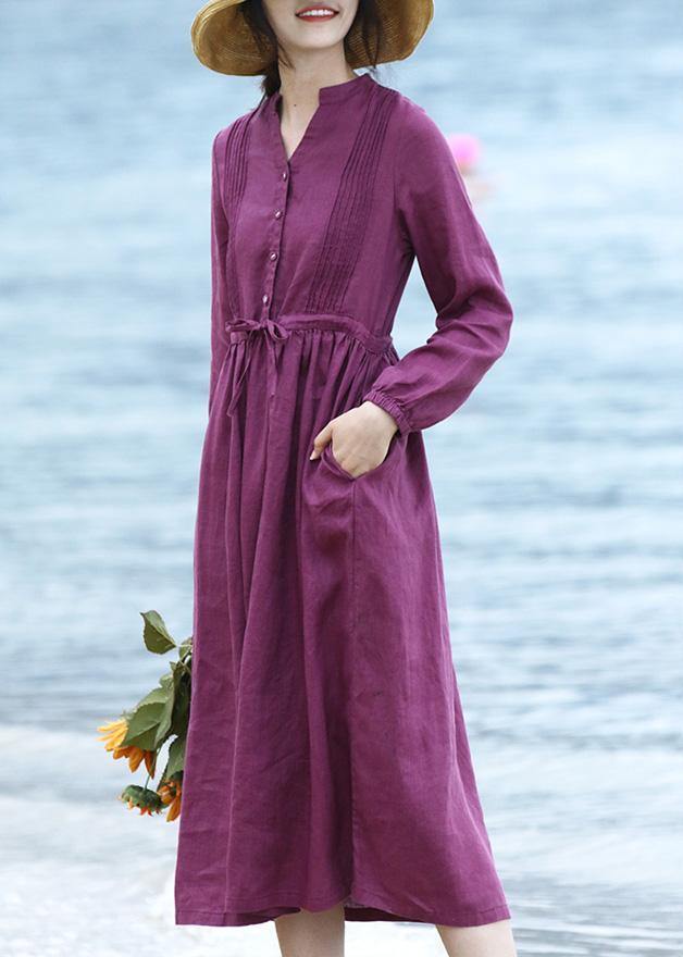 DIY purple linen dresses long sleeve Dresses v neck Dresses - SooLinen