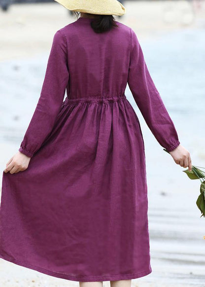 DIY purple linen dresses long sleeve Dresses v neck Dresses - SooLinen