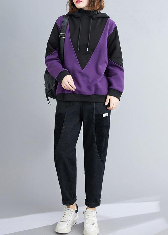 DIY purple top silhouette hooded patchwork oversized shirt - SooLinen