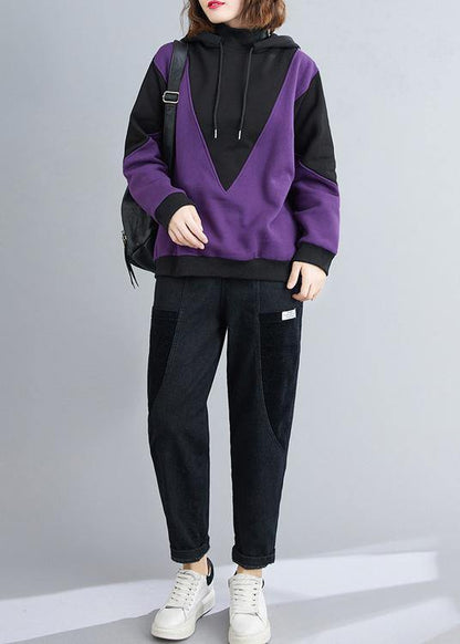 DIY purple top silhouette hooded patchwork oversized shirt - SooLinen