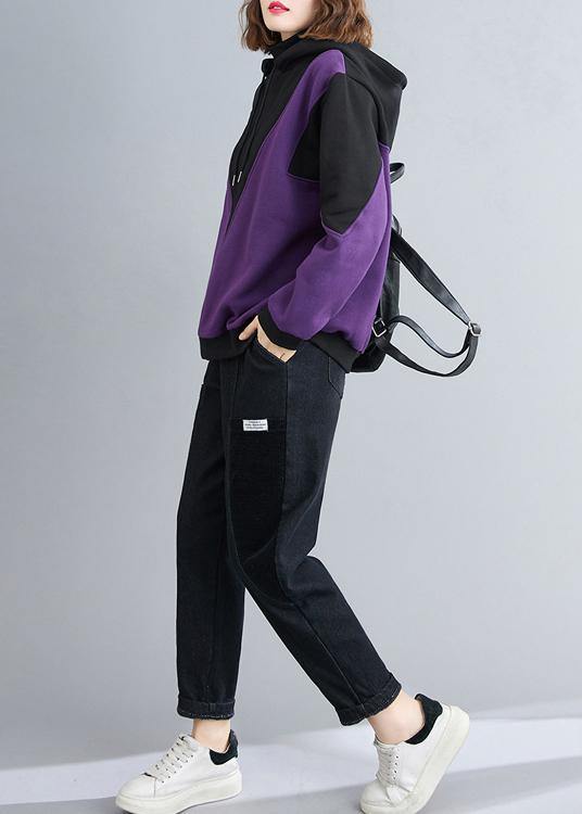 DIY purple top silhouette hooded patchwork oversized shirt - SooLinen