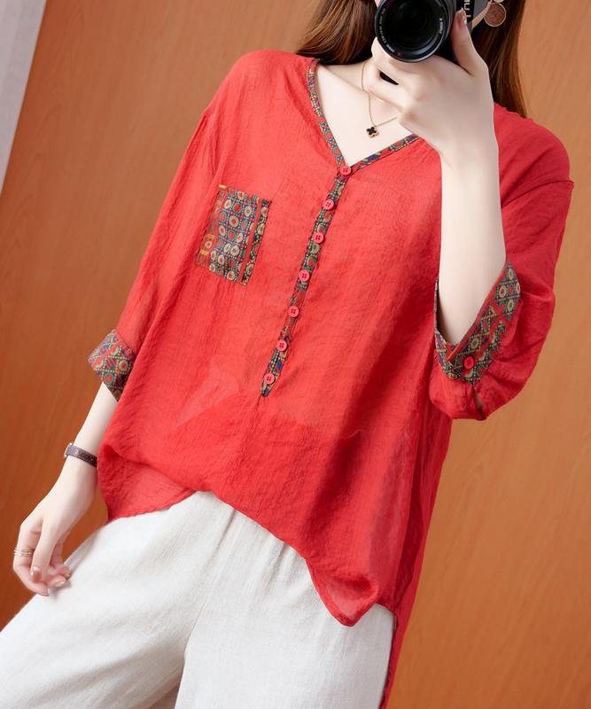 DIY red clothes For Women v neck patchwork oversized fall shirts - SooLinen