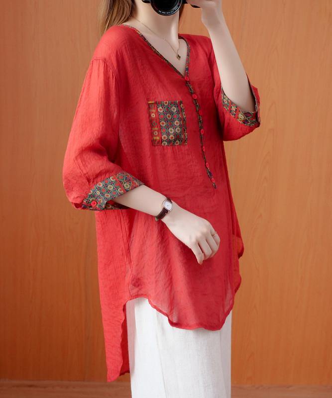 DIY red clothes For Women v neck patchwork oversized fall shirts - SooLinen