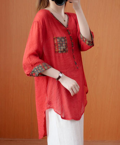 DIY red clothes For Women v neck patchwork oversized fall shirts - SooLinen