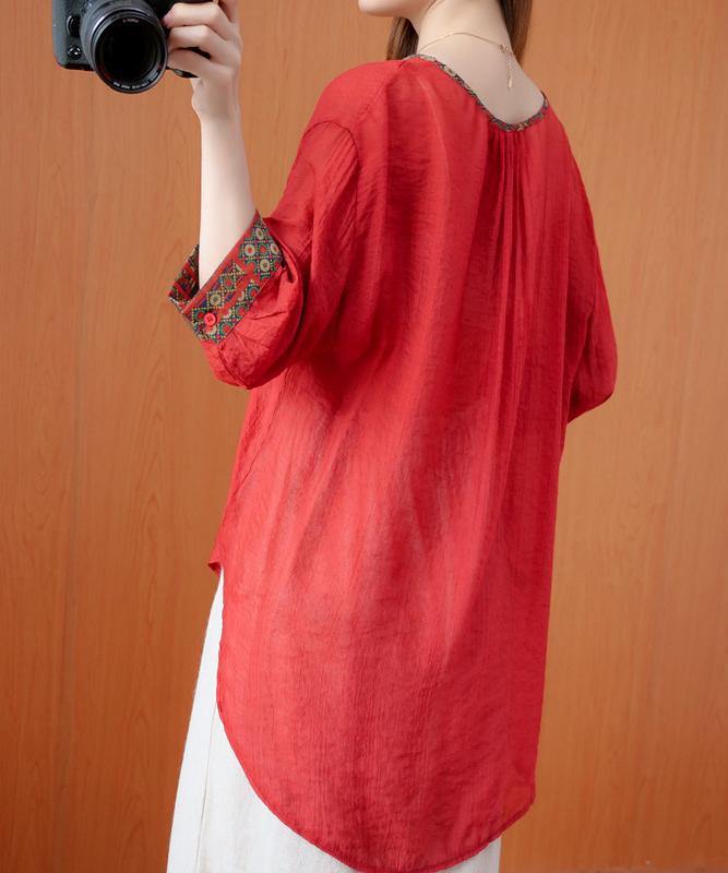 DIY red clothes For Women v neck patchwork oversized fall shirts - SooLinen