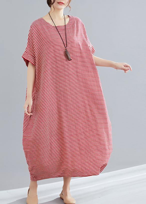 DIY red striped cotton tunics for women Plus Size Tutorials o neck A Line Summer Dresses - SooLinen
