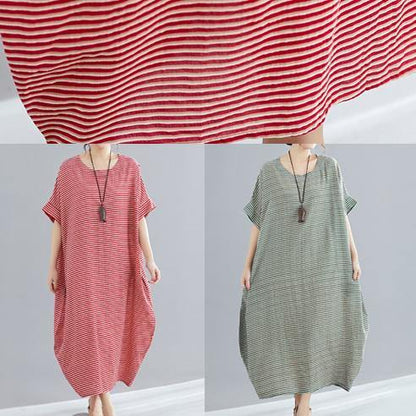 DIY red striped cotton tunics for women Plus Size Tutorials o neck A Line Summer Dresses - SooLinen