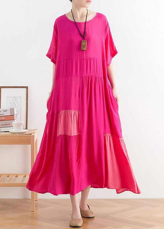 DIY rose cotton clothes Women o neck patchwork A Line Dress - SooLinen