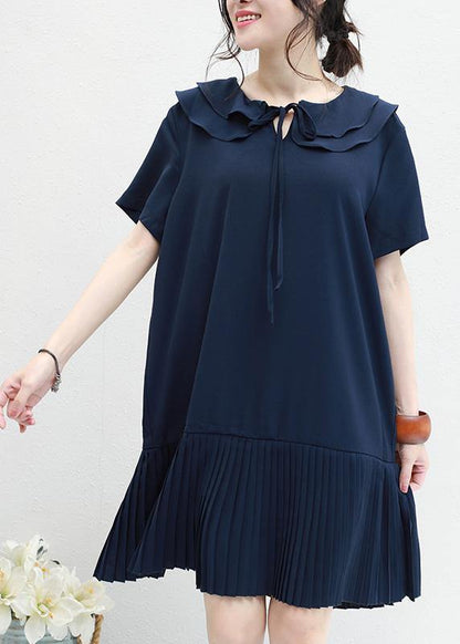 DIY ruffles Chiffon Tunics navy o neck daily summer Dresses - SooLinen