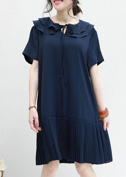 DIY ruffles Chiffon Tunics navy o neck daily summer Dresses - SooLinen