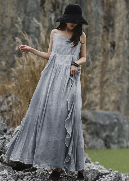 DIY ruffles side linen Long Shirts Sewing gray sleeveless Dresses summer - SooLinen