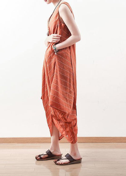 DIY sleeveless linen Long Shirts Inspiration orange o neck Dresses summer - SooLinen