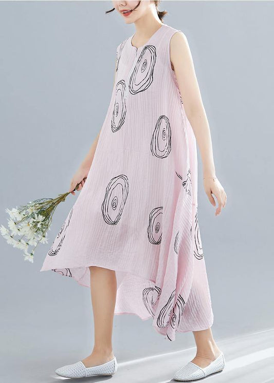 DIY sleeveless low high design linen Tunics Work Outfits pink print Dresses summer - SooLinen