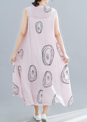 DIY sleeveless low high design linen Tunics Work Outfits pink print Dresses summer - SooLinen
