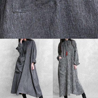 DIY stand collar asymmetric linen dresses pattern gray Plaid Dress - SooLinen
