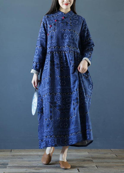DIY stand collar Cinched fall dresses Outfits blue print long Dresses - SooLinen