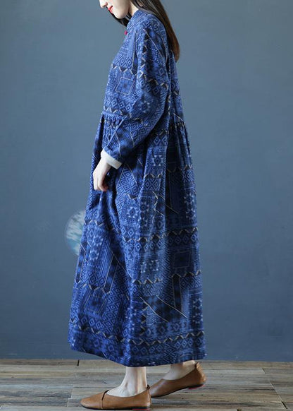 DIY stand collar Cinched fall dresses Outfits blue print long Dresses - SooLinen