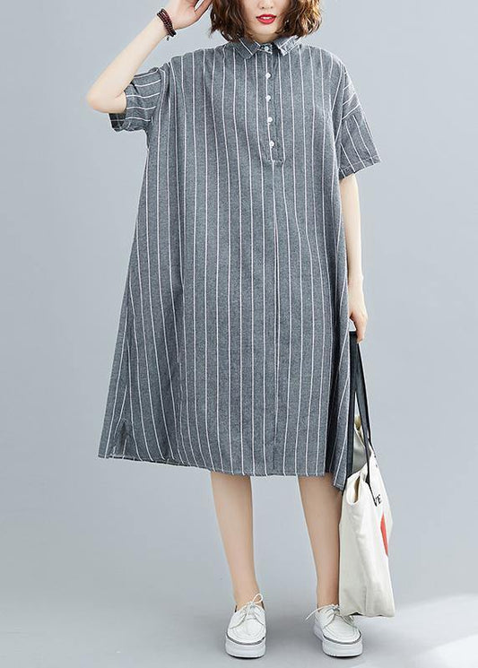 DIY striped Cotton quilting clothes lapel collar Plus Size summer Dresses - SooLinen