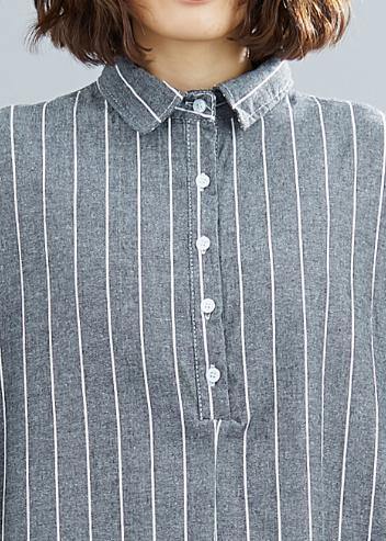 DIY striped Cotton quilting clothes lapel collar Plus Size summer Dresses - SooLinen