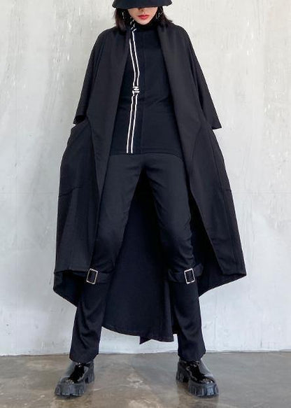 DIY tie waist asymmetric Fashion coat for woman black Art coats - SooLinen