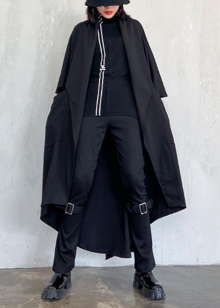 DIY tie waist asymmetric Fashion coat for woman black Art coats - SooLinen