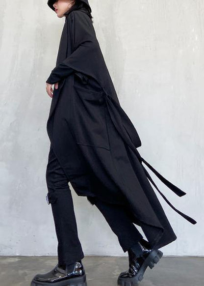 DIY tie waist asymmetric Fashion coat for woman black Art coats - SooLinen