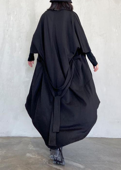 DIY tie waist asymmetric Fashion coat for woman black Art coats - SooLinen