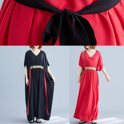 DIY tie waist cotton tunic dressNeckline black v neck Maxi Dresses summer - SooLinen