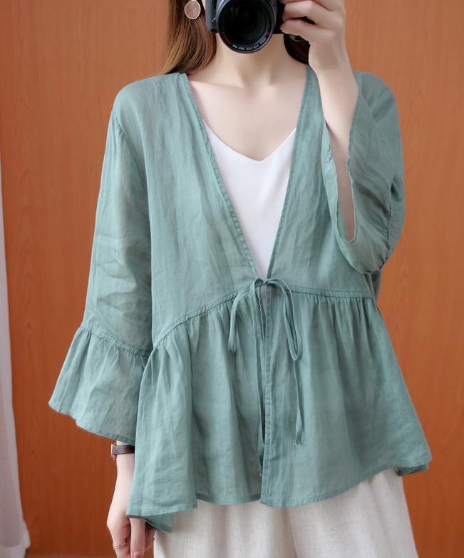 DIY v neck Ruffles summer clothes For Women Shape green blouse - SooLinen