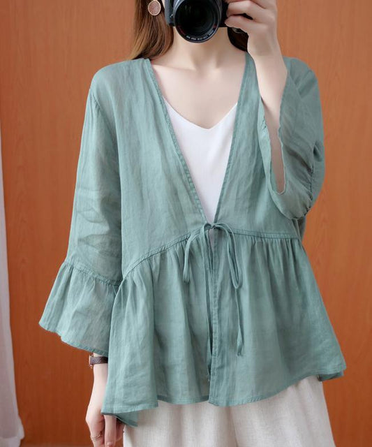 DIY v neck Ruffles summer clothes For Women Shape green blouse - SooLinen