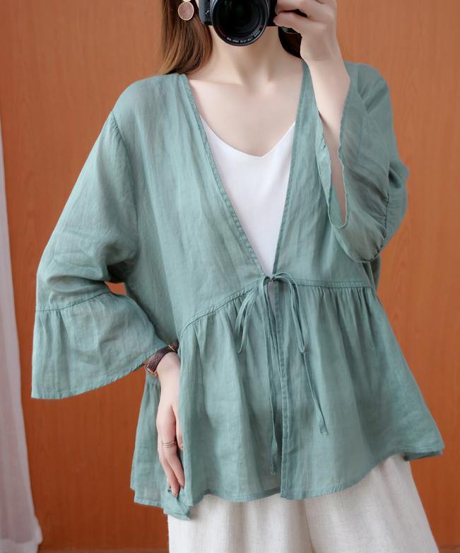 DIY v neck Ruffles summer clothes For Women Shape green blouse - SooLinen