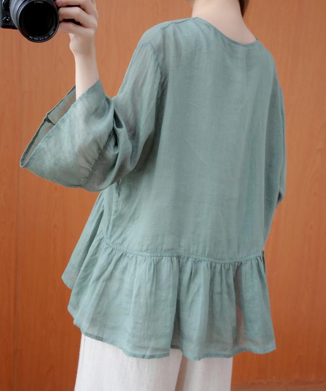 DIY v neck Ruffles summer clothes For Women Shape green blouse - SooLinen