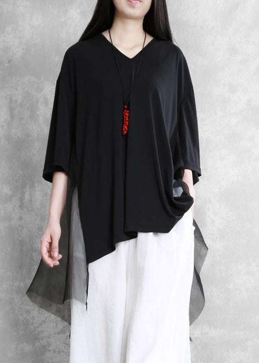 DIY v neck asymmetric summe rclothes Work black tops - SooLinen
